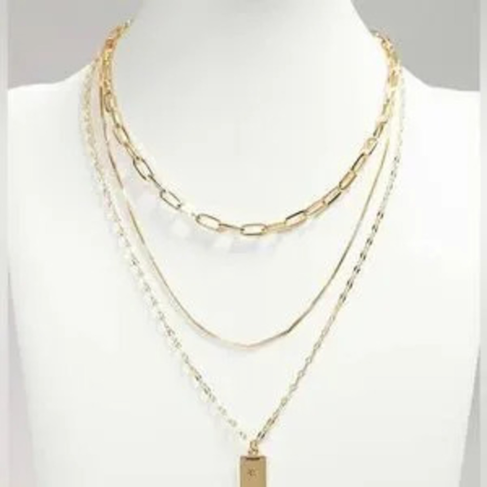 3pcs Necklace Set with Sparkling Cubic Zirconia Rectangle Pendant - Picture 4 of 5